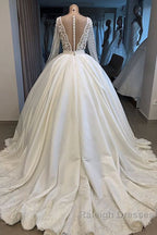 Long Ball Gown Satin V Neck Wedding Dresses with Sleeves