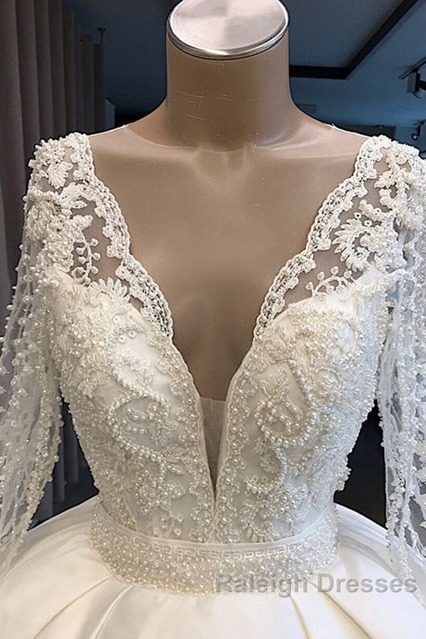 Long Ball Gown Satin V Neck Wedding Dresses with Sleeves