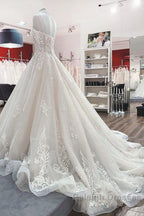 Long Ball Gown V-neck Spaghetti Straps Tulle Lace Wedding Dress