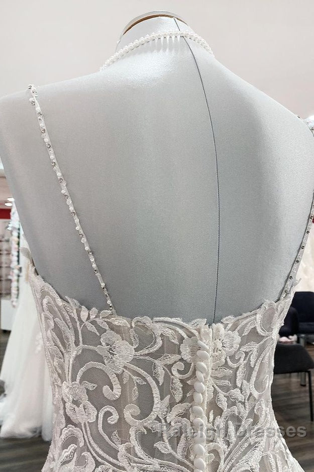 Long Ball Gown V Neck Spaghetti Straps Tulle Lace Wedding Dresses
