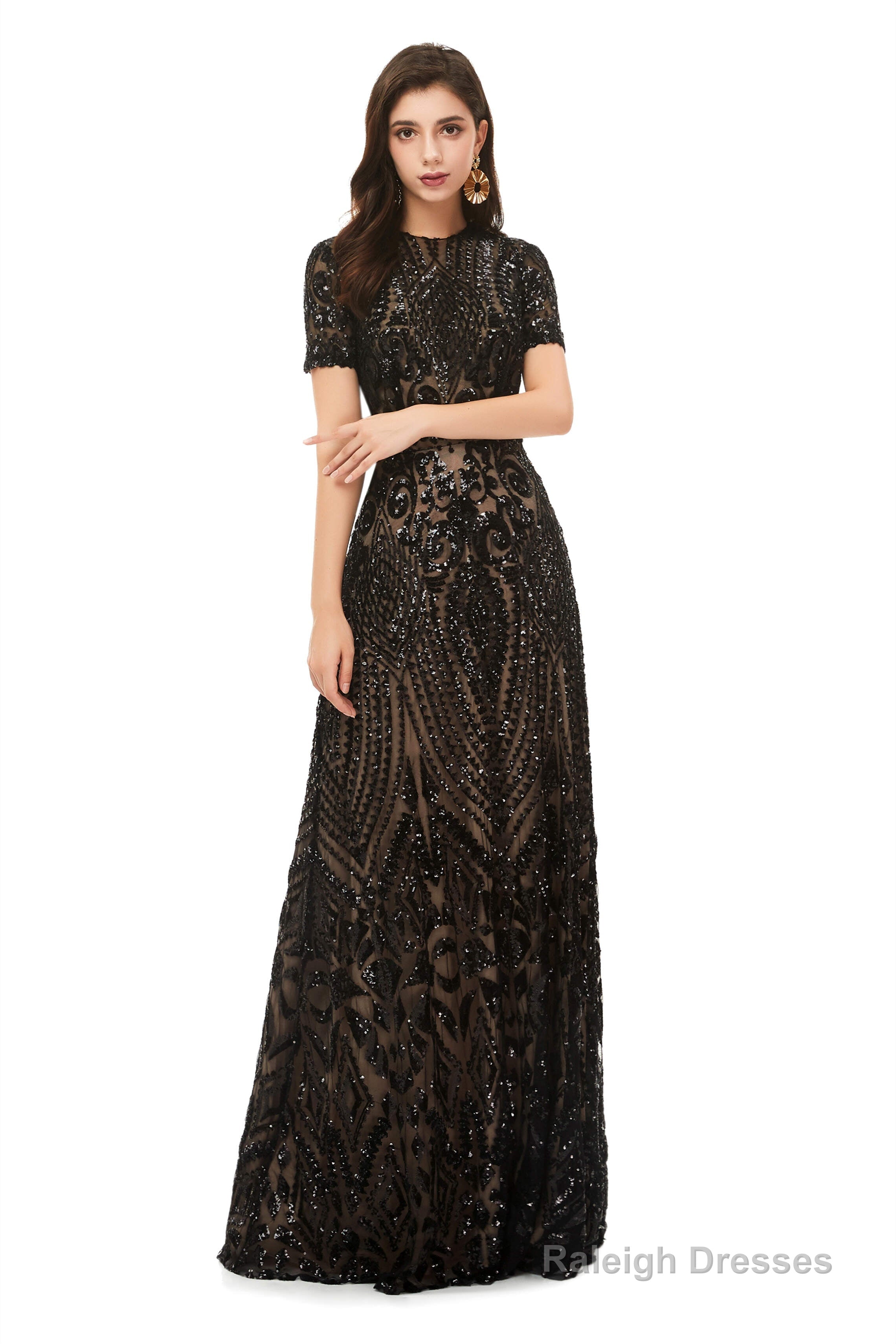 Long Black Sparkly Sequins Prom Dresses With Short Sleeves Main image