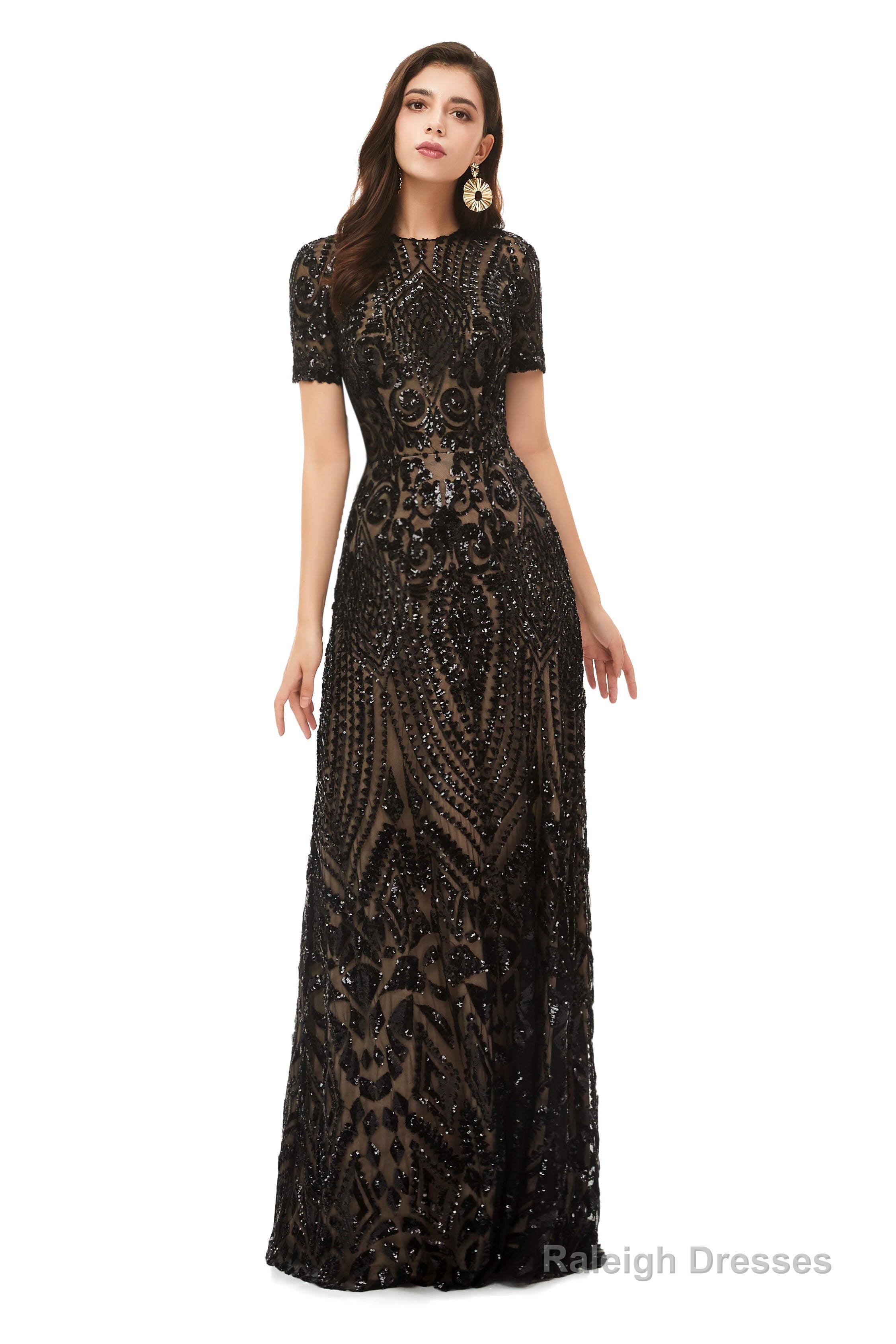 Long Black Sparkly Sequins Prom Dresses With Short Sleeves Secondary image