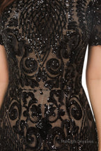 Long Black Sparkly Sequins Prom Dresses With Short Sleeves