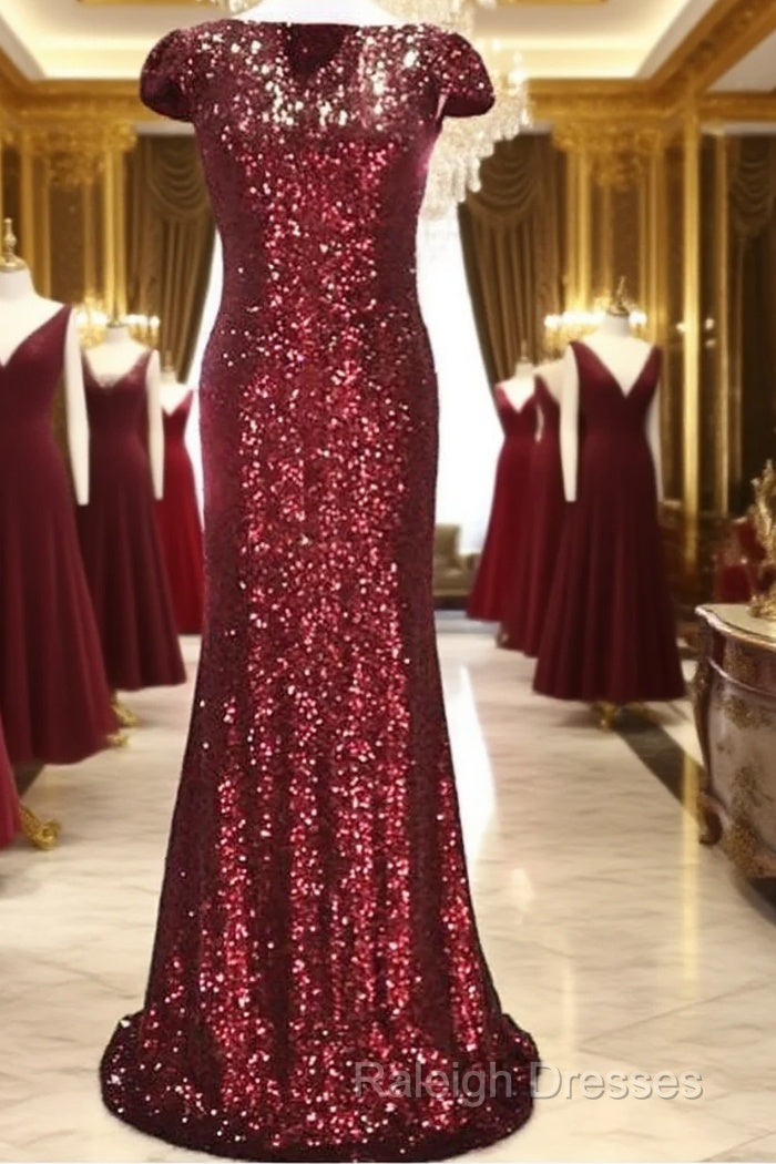 Long Burgundy Sequins Dropped Back Mermaid Bridesmaid Dress Main image