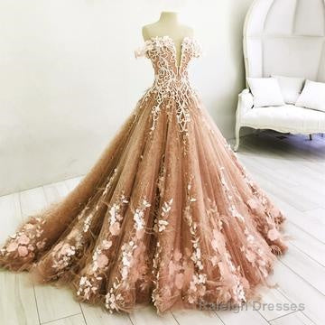 Long Champagne Prom Dresses Lace Embroidery Off Shoulder Tulle Ball Gowns Wedding Dress