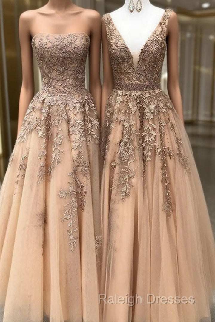 Long Champagne Prom Dress Sexy V Neck Strapless A Line Appliques Formal Party Dresses Main image