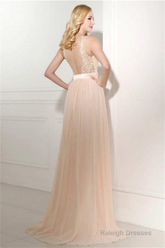 Long Chiffon Champagne Prom Dresses With Lace Bodice