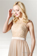 Long Chiffon Champagne Prom Dresses With Lace Bodice