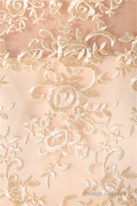 Long Chiffon Champagne Prom Dresses With Lace Bodice