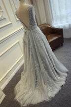 Long Custom Gray V-Back Scoop Tulle With Lace Appliques Prom Formal Prom Dress