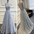 Long Custom Gray V-Back Scoop Tulle With Lace Appliques Prom Formal Prom Dress