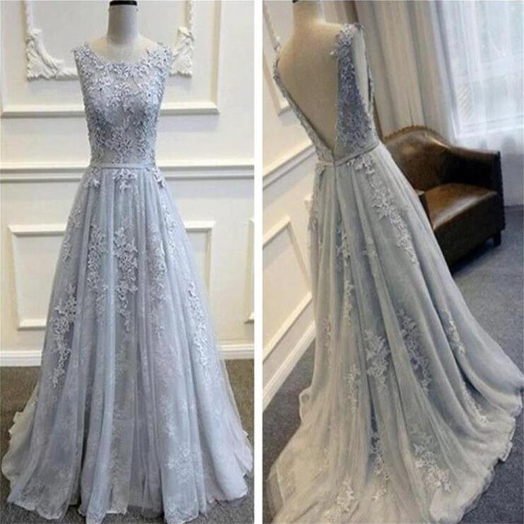 Long Custom Gray V-Back Scoop Tulle With Lace Appliques Prom Formal Prom Dress