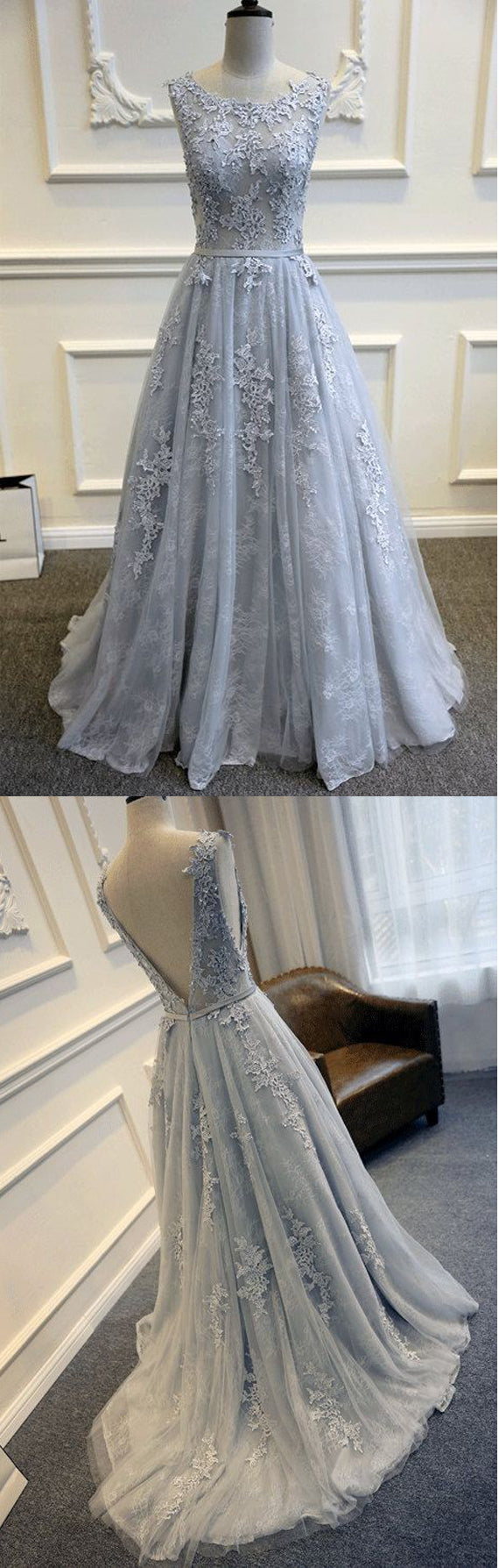 Long Custom Gray V-Back Scoop Tulle With Lace Appliques Prom Formal Prom Dress