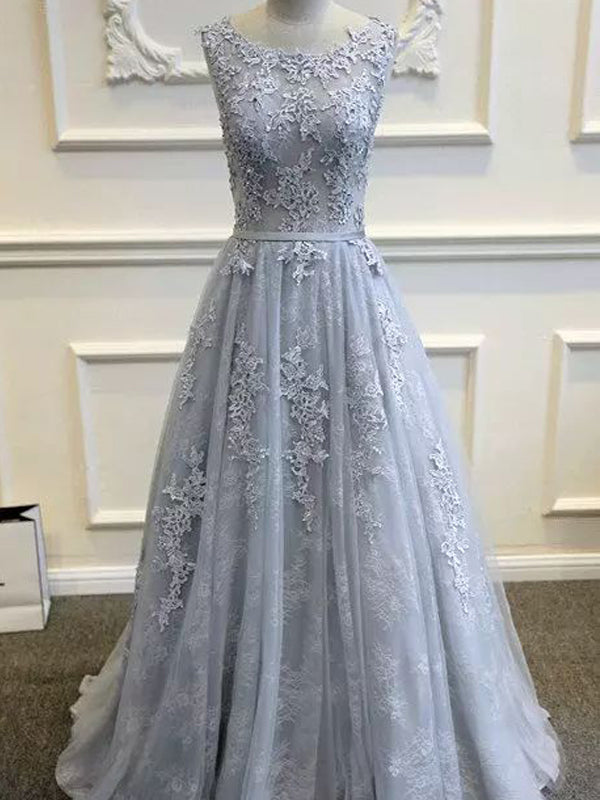 Long Custom Gray V-Back Scoop Tulle With Lace Appliques Prom Formal Prom Dress