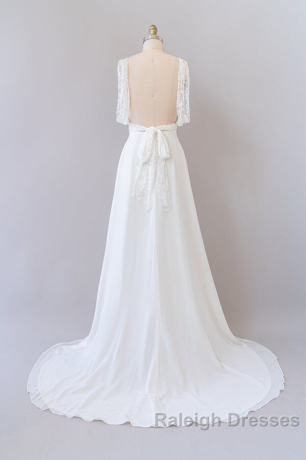 Long Empire A-line V-neck Lace Chiffon Open Back Wedding Dress