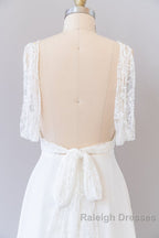 Long Empire A-line V-neck Lace Chiffon Open Back Wedding Dress