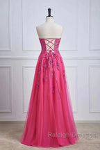 Long Fuchsia Prom Dresses Strapless A-Line Floral Formal Wear Slit