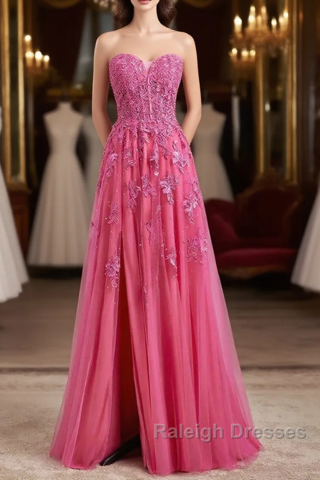 Long Fuchsia Prom Dresses Strapless A-Line Floral Formal Wear Slit Main image