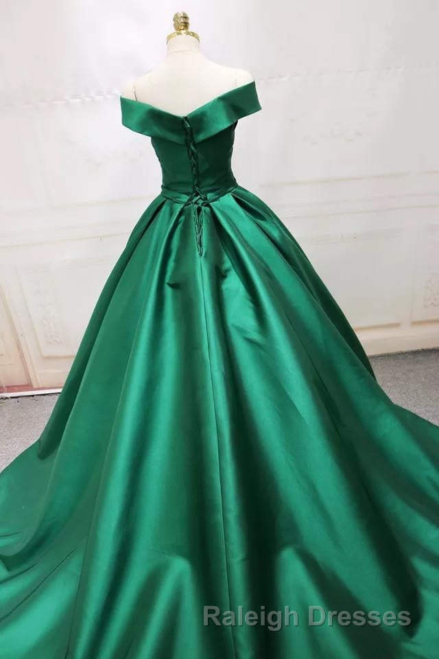 Long Green Satin V Neck Ball Gowns Prom Dress Off The Shoulder