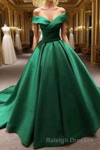 Long Green Satin V-neck Ball Gowns Prom Dresses Off The Shoulder