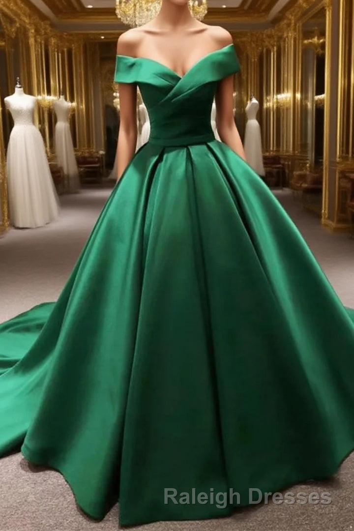 Long Green Satin V-neck Ball Gowns Prom Dresses Off The Shoulder