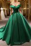 Long Green Satin V-neck Ball Gowns Prom Dresses Off The Shoulder