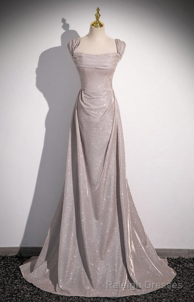Long Grey Shiny Simple Prom Dress with Off Shoulder Straps Main image