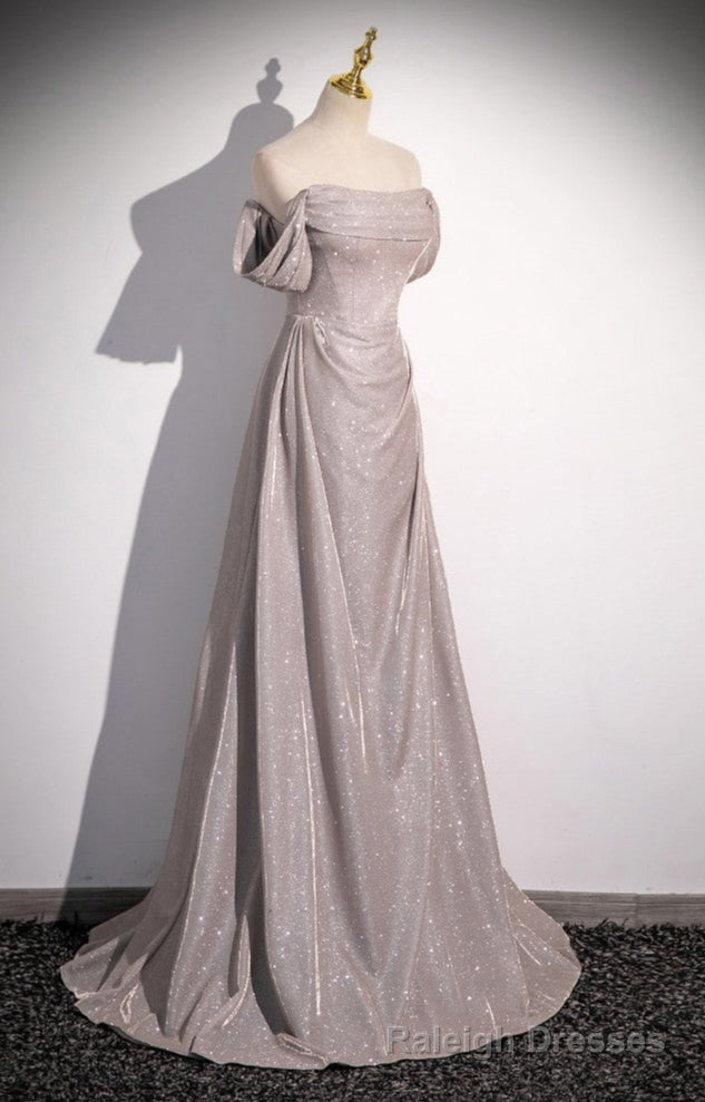 Long Grey Shiny Simple Prom Dress with Off Shoulder Straps Secondary image