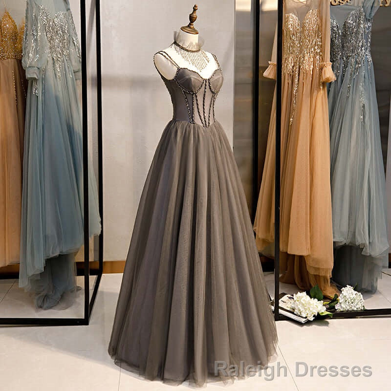 Long Grey Tulle Prom Dress Corset With Beaded Neck A Line Secondary image