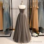 Long Grey Tulle Prom Dress Corset With Beaded Neck A Line