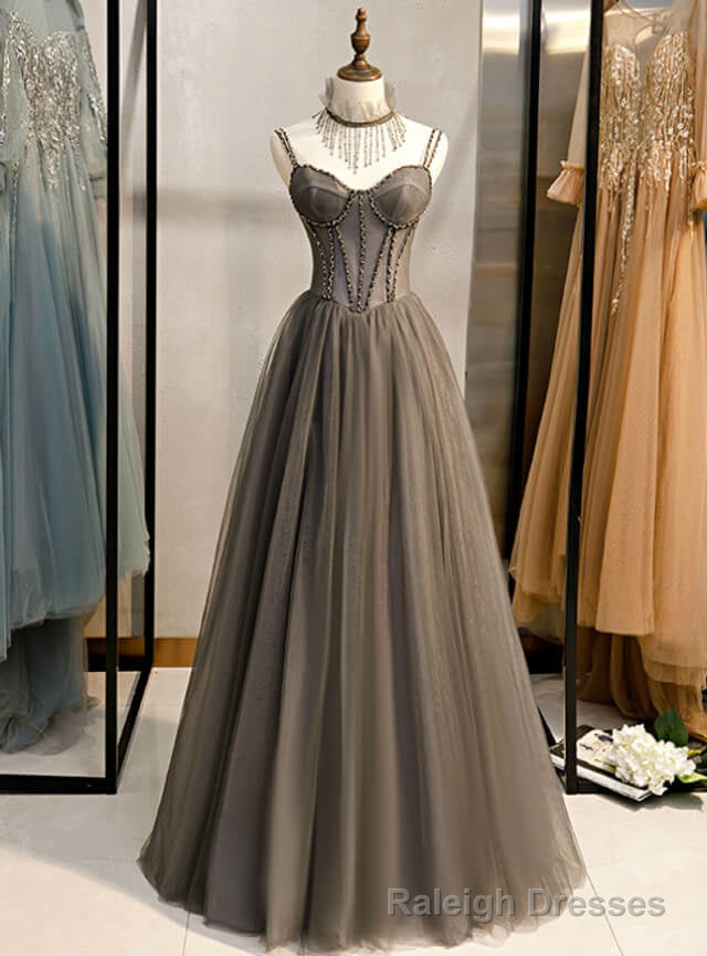 Long Grey Tulle Prom Dress Corset With Beaded Neck A Line Main image