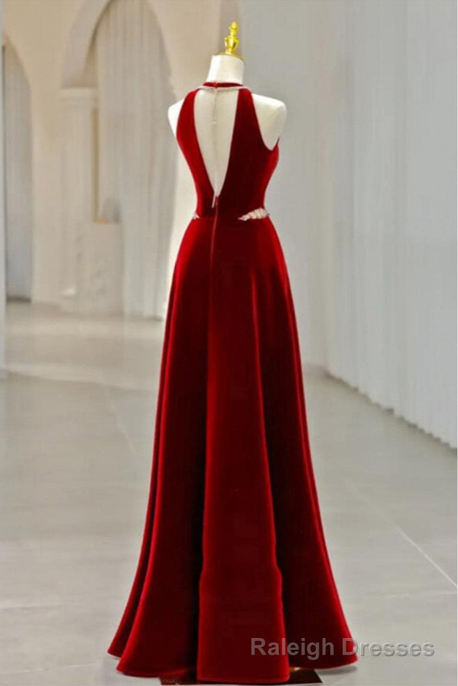Long Halter V Neck Velvet Burgundy Evening Dress with Beading Secondary image