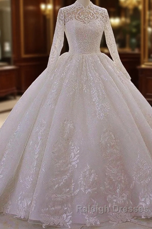 Long High neck Appliques Lace Ball Gown Wedding Dresses with Sleeves Main image