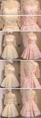 Long Illusion Sleeve  Clairvoyant Outfit Lace Up Back For Teen Organza Full Appliques Homecoming Dress