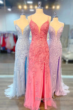 Long Lace Cheap Prom Dresses Straps Appliques Mermaid Lace Up Back