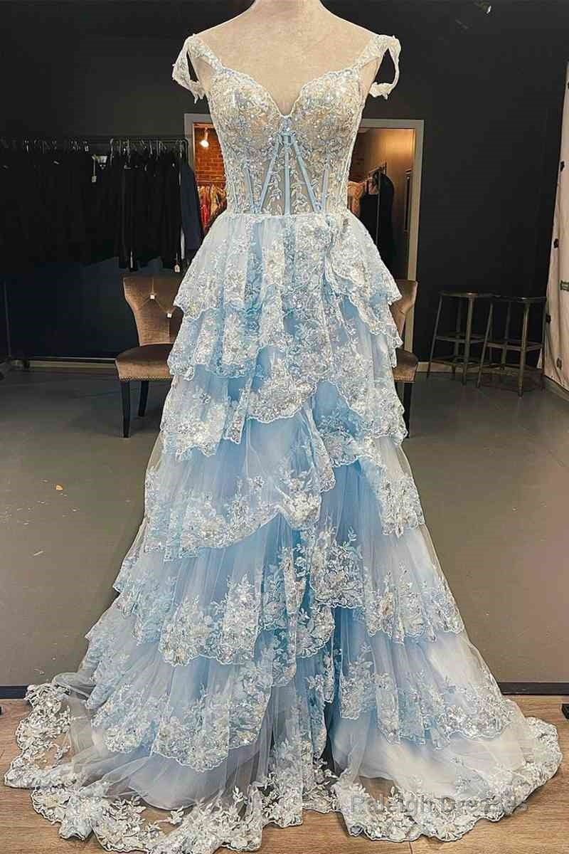 Long Light Blue Corset Lace Prom Gowns Tiered Tulle Formal Graduation Dress Main image