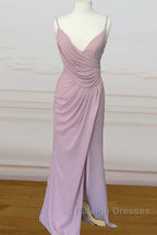 Long Mauve Pleated Chiffon Bridesmaid Dresses