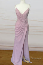 Long Mauve Pleated Chiffon Bridesmaid Dress