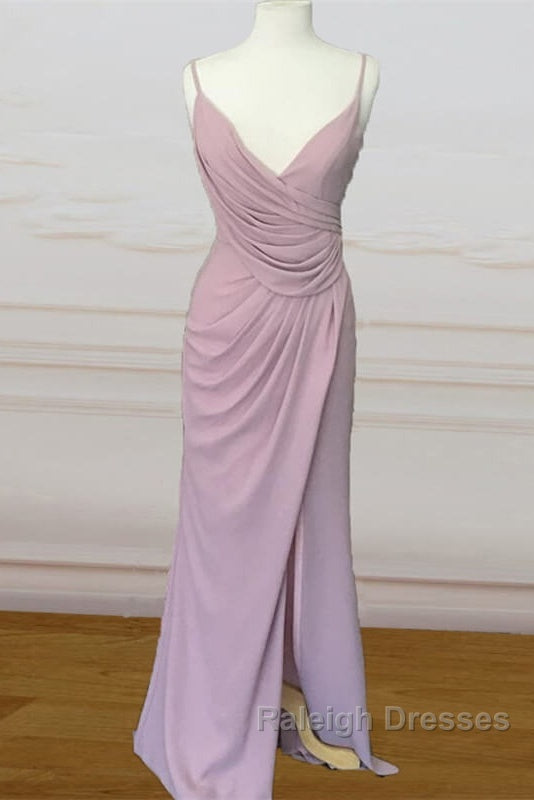 Long Mauve Pleated Chiffon Bridesmaid Dress