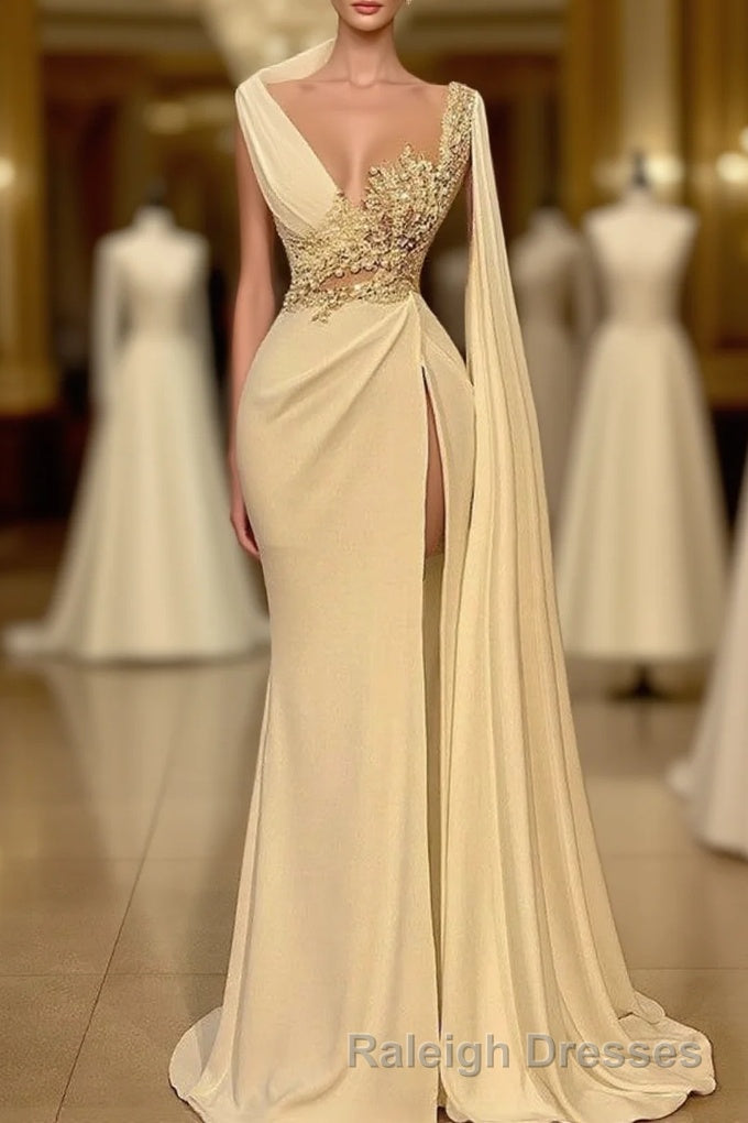 Long Mermaid Asymmetrical Ruffles Beading Satin Prom Dresses With High Slit