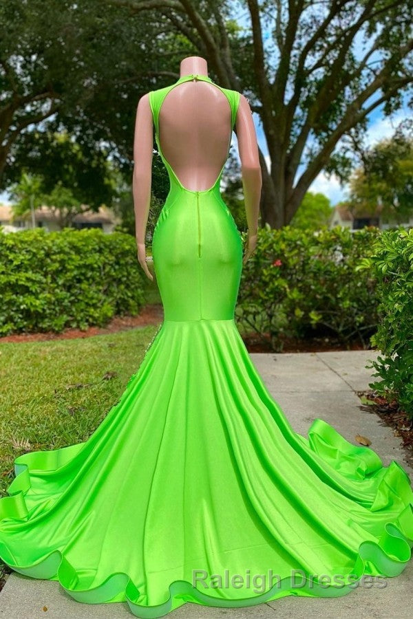 Long Mermaid Deep Sequined V-neck Stretch Satin Backless Prom Dress with Appliques