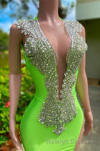 Long Mermaid Deep Sequined V-neck Stretch Satin Backless Prom Dress with Appliques
