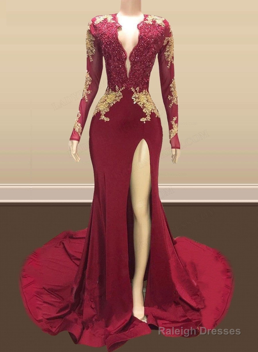 Long Mermaid Gold Red Lace Prom Dresses Mermaid Formal Gowns