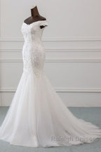 Long Mermaid Off Shoulder Lace-up Applique Lace Wedding Dresses
