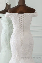 Long Mermaid Off Shoulder Lace-up Applique Lace Wedding Dresses