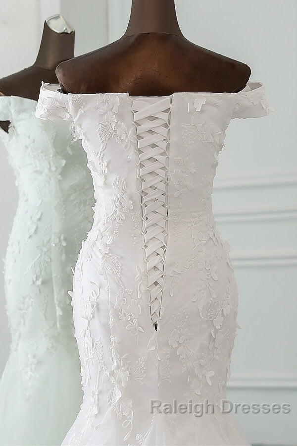 Long Mermaid Off Shoulder Lace-up Applique Lace Wedding Dresses