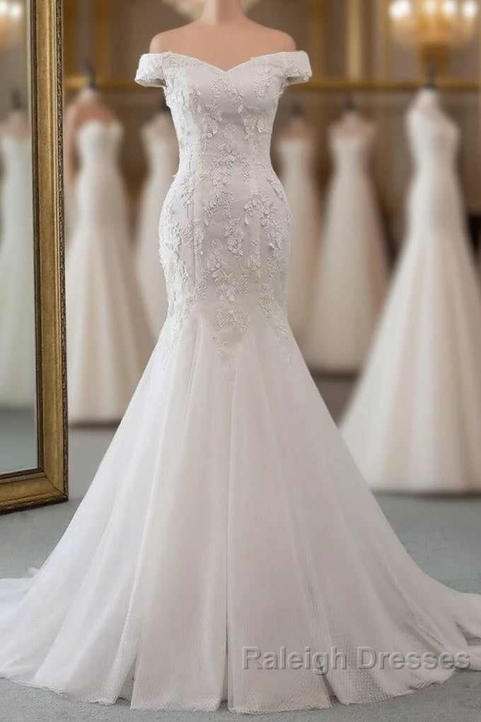 Long Mermaid Off Shoulder Lace-up Applique Lace Wedding Dresses