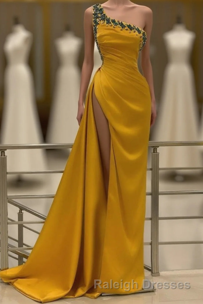 Long Mermaid One Shoulder Beading Backless Prom Dress with Slit Main image