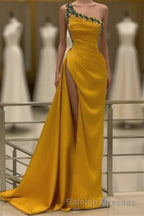 Long Mermaid One Shoulder Beading Backless Prom Dress with Slit