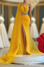 Long Mermaid One Shoulder Beading Tulle Prom Dress with Slit